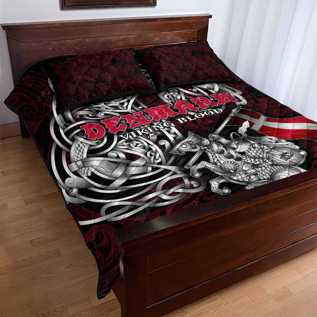 Denmark Viking Blood Quilt Bed Set Nordic Runes and Shield of Ancestry in Tribal Knotwork