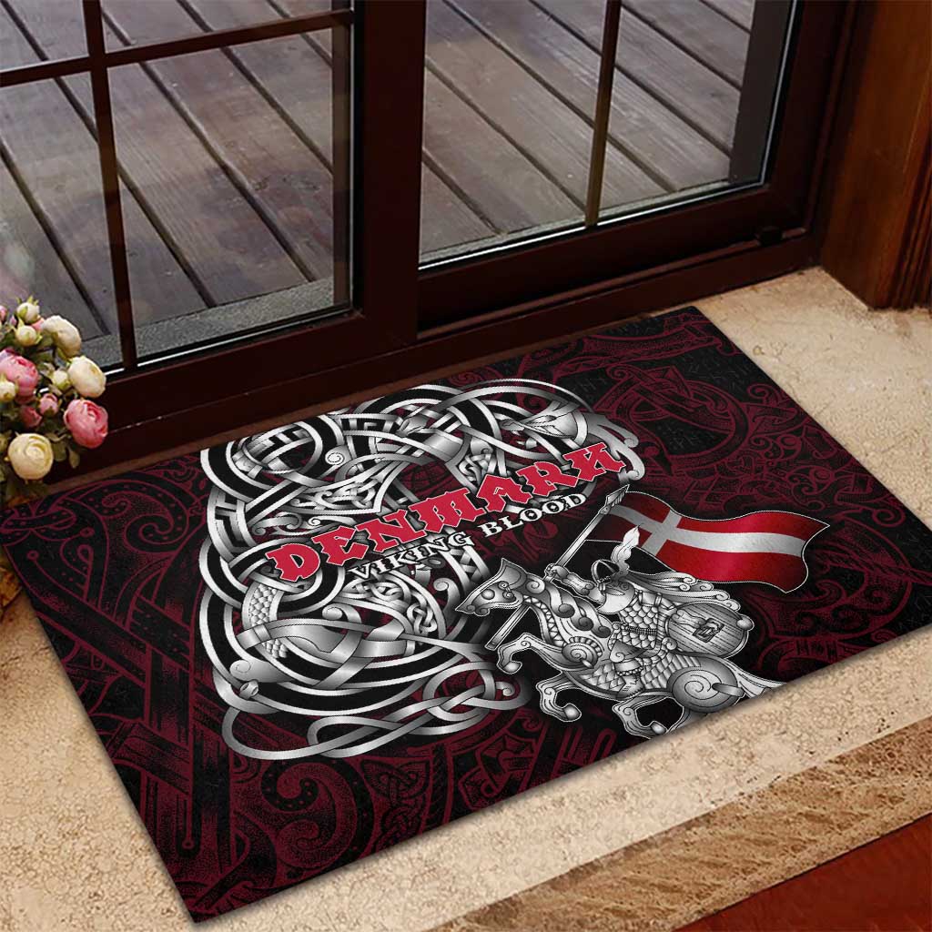 Denmark Viking Blood Rubber Doormat Nordic Runes and Shield of Ancestry in Tribal Knotwork