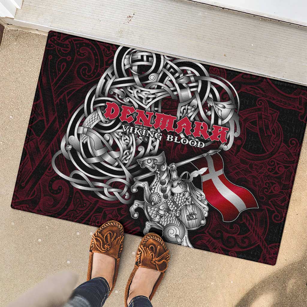 Denmark Viking Blood Rubber Doormat Nordic Runes and Shield of Ancestry in Tribal Knotwork