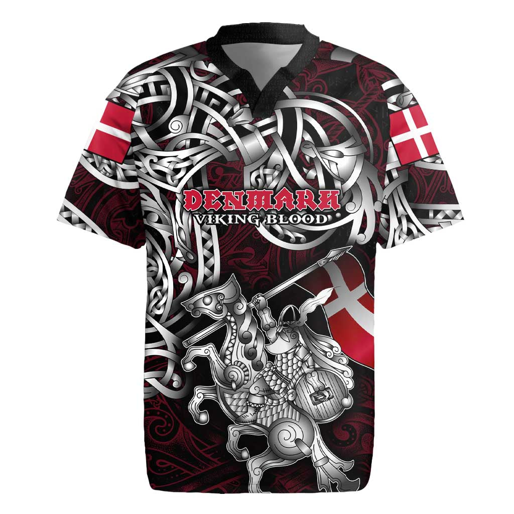 Personalized Denmark Viking Blood Rugby Jersey Nordic Runes and Shield of Ancestry in Tribal Knotwork