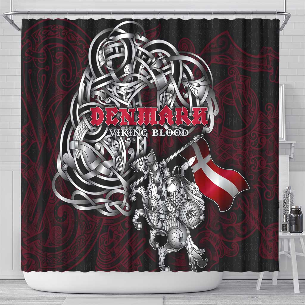 Denmark Viking Blood Shower Curtain Nordic Runes and Shield of Ancestry in Tribal Knotwork