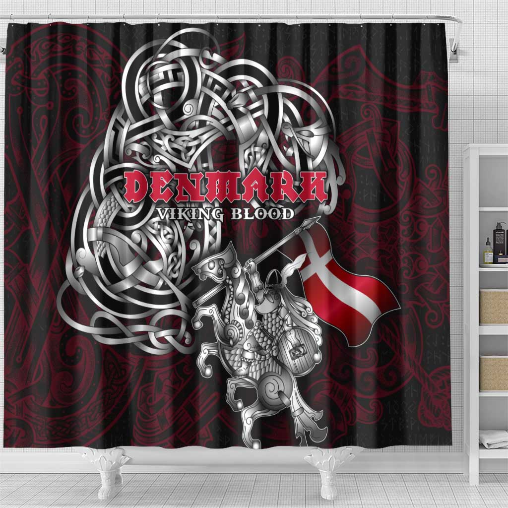 Denmark Viking Blood Shower Curtain Nordic Runes and Shield of Ancestry in Tribal Knotwork