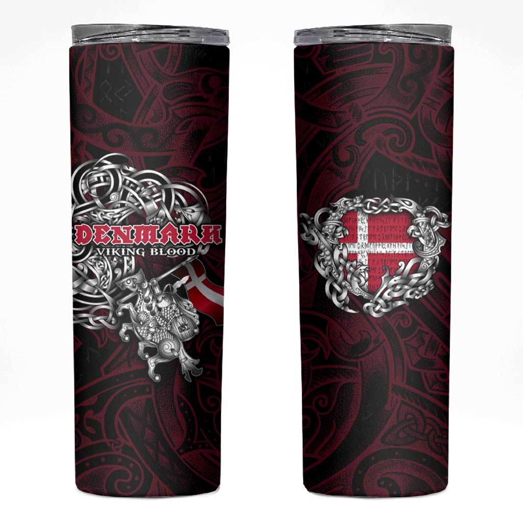 Denmark Viking Blood Skinny Tumbler Nordic Runes and Shield of Ancestry in Tribal Knotwork