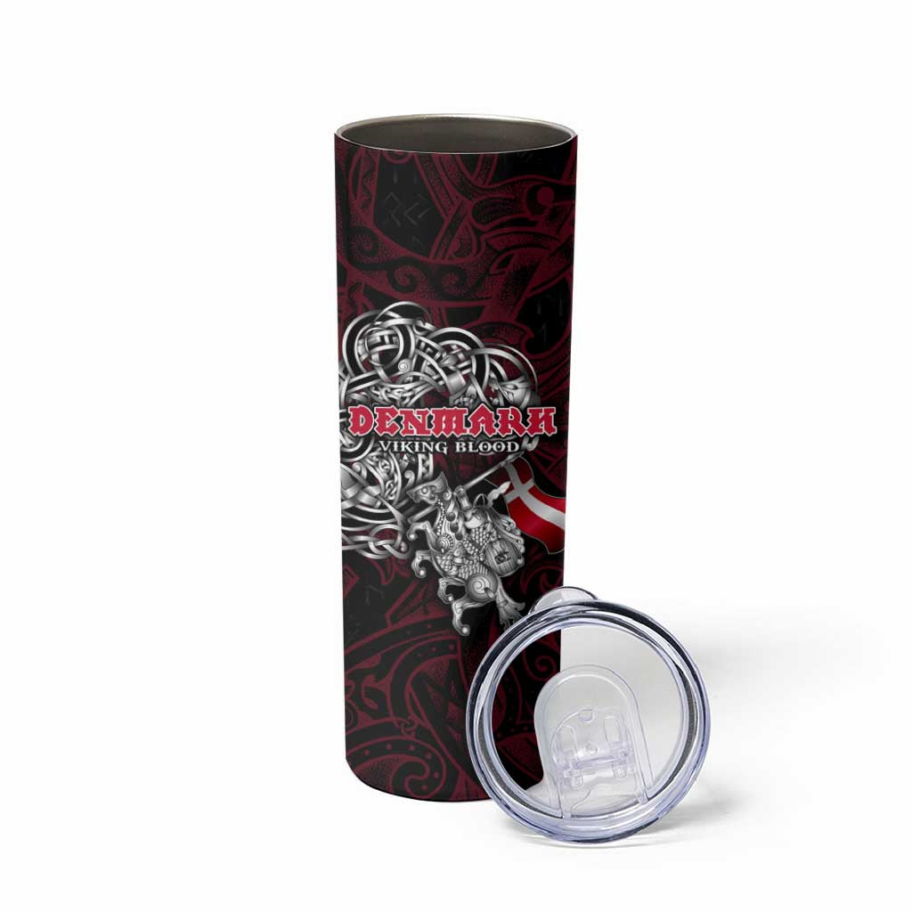 Denmark Viking Blood Skinny Tumbler Nordic Runes and Shield of Ancestry in Tribal Knotwork