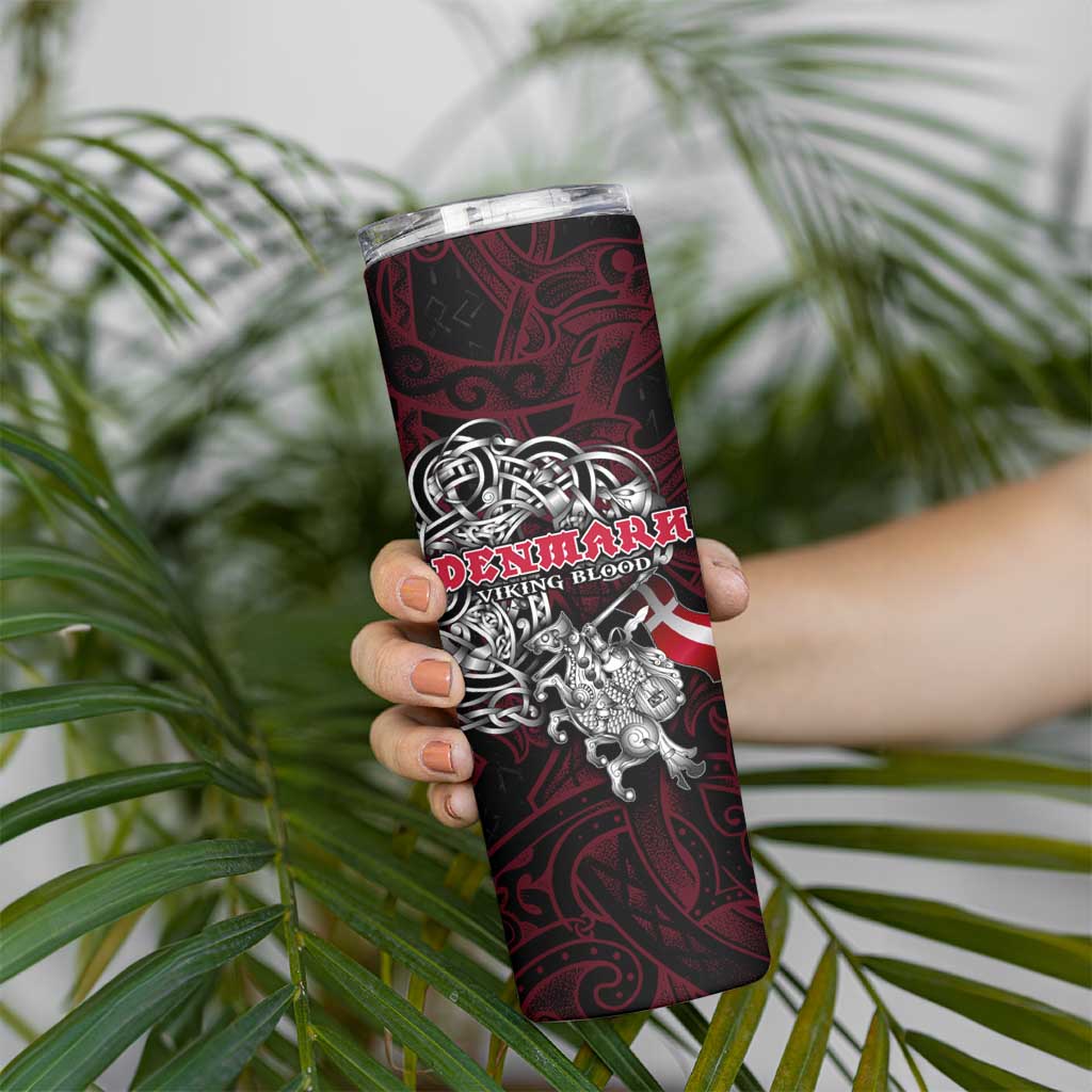 Denmark Viking Blood Skinny Tumbler Nordic Runes and Shield of Ancestry in Tribal Knotwork