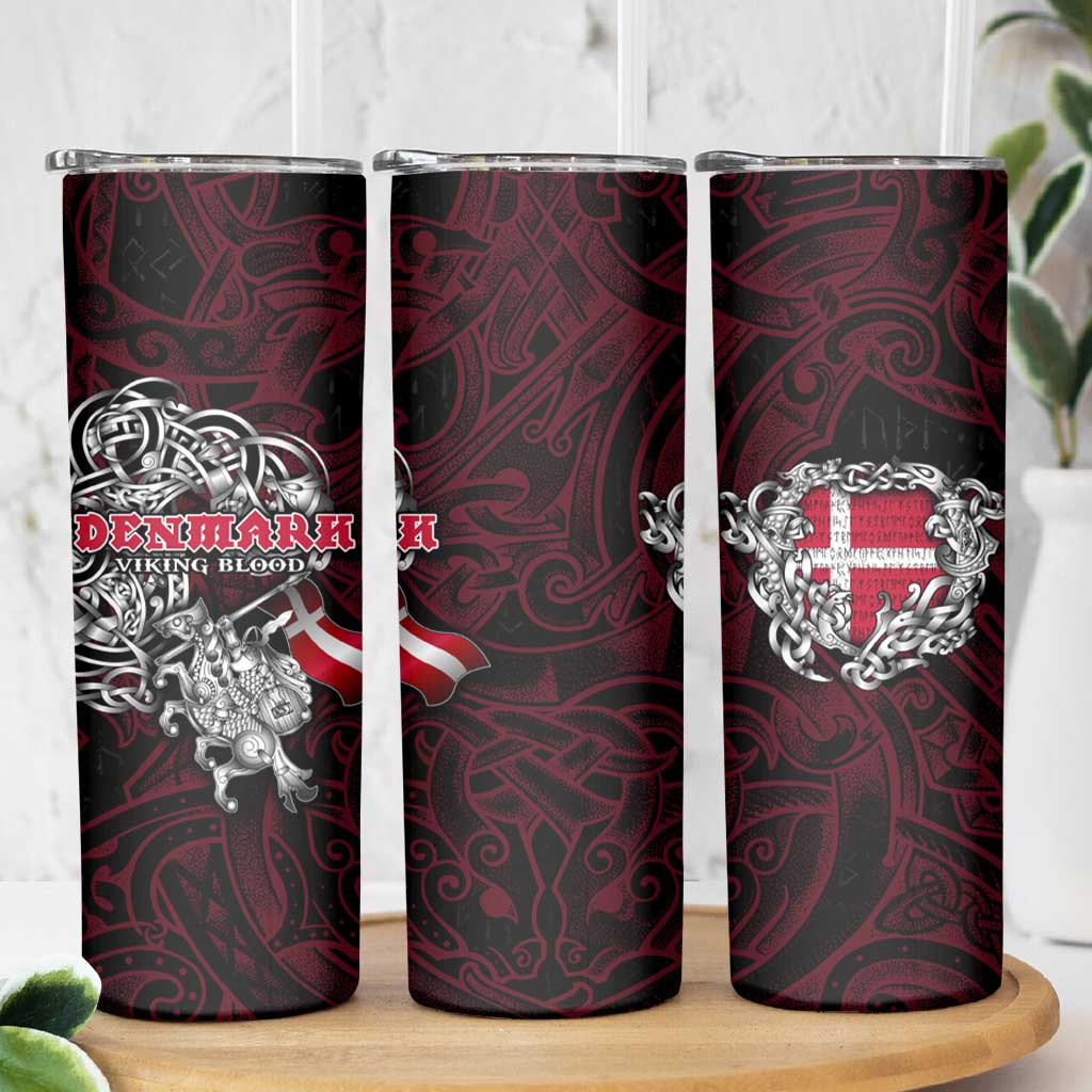 Denmark Viking Blood Skinny Tumbler Nordic Runes and Shield of Ancestry in Tribal Knotwork