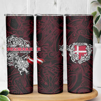 Denmark Viking Blood Skinny Tumbler Nordic Runes and Shield of Ancestry in Tribal Knotwork