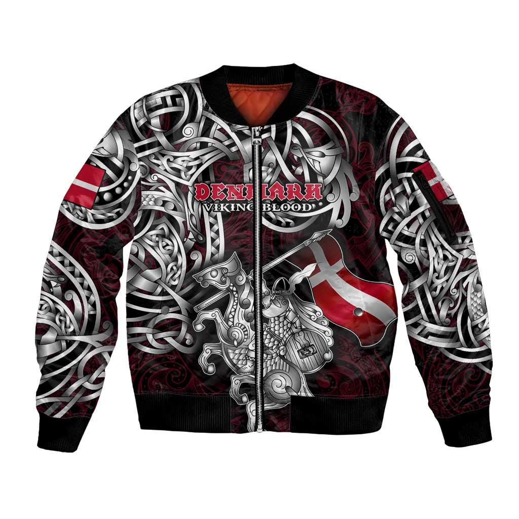 Personalized Denmark Viking Blood Sleeve Zip Bomber Jacket Nordic Runes and Shield of Ancestry in Tribal Knotwork