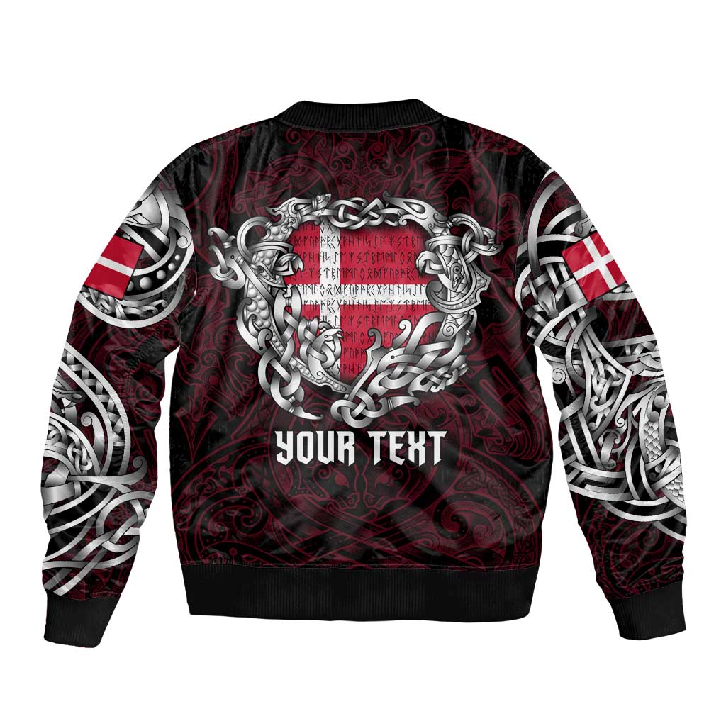 Personalized Denmark Viking Blood Sleeve Zip Bomber Jacket Nordic Runes and Shield of Ancestry in Tribal Knotwork