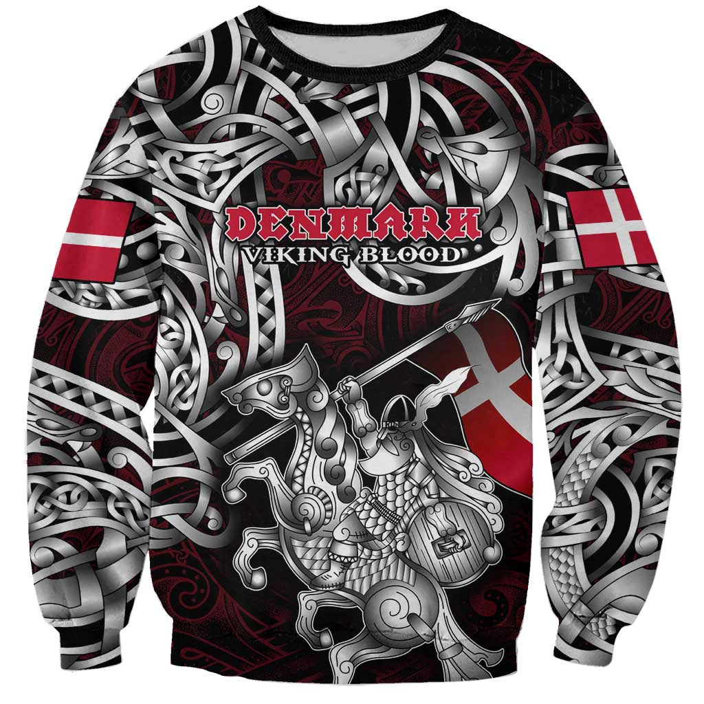Personalized Denmark Viking Blood Sweatshirt Nordic Runes and Shield of Ancestry in Tribal Knotwork