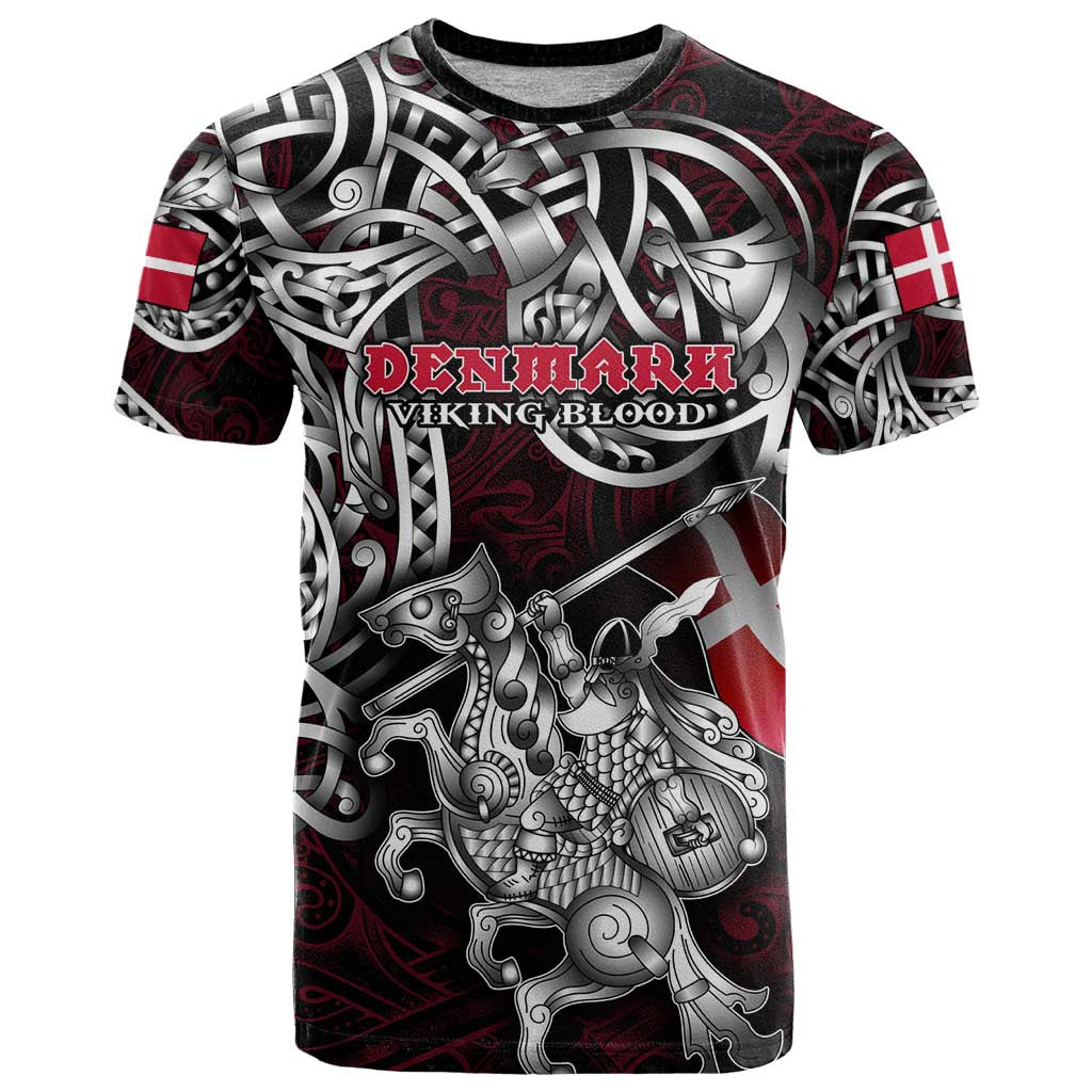Personalized Denmark Viking Blood T Shirt Nordic Runes and Shield of Ancestry in Tribal Knotwork