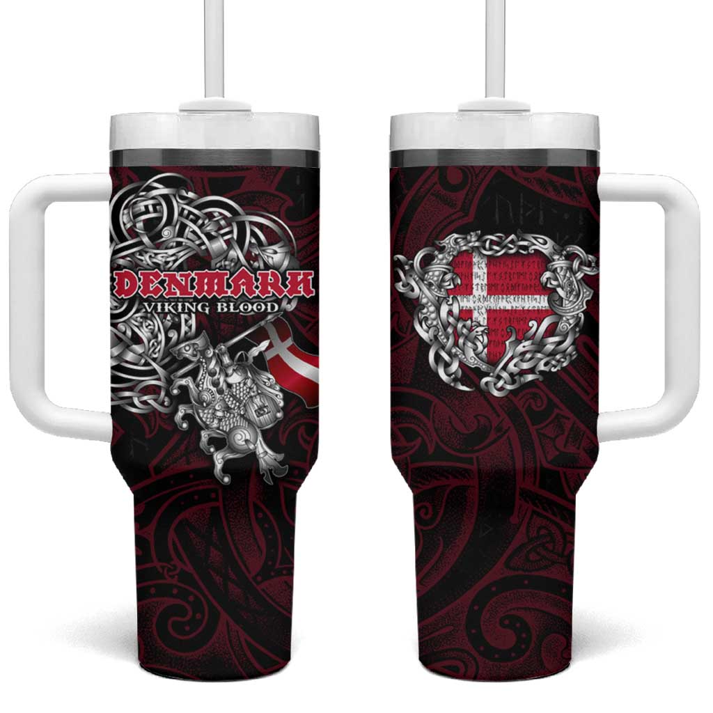 Denmark Viking Blood Tumbler With Handle Nordic Runes and Shield of Ancestry in Tribal Knotwork