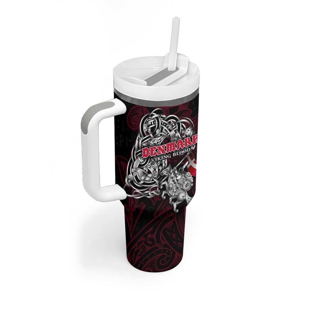 Denmark Viking Blood Tumbler With Handle Nordic Runes and Shield of Ancestry in Tribal Knotwork