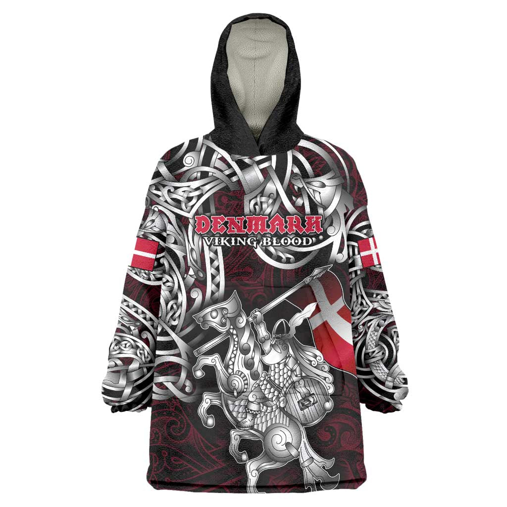 Personalized Denmark Viking Blood Wearable Blanket Hoodie Nordic Runes and Shield of Ancestry in Tribal Knotwork