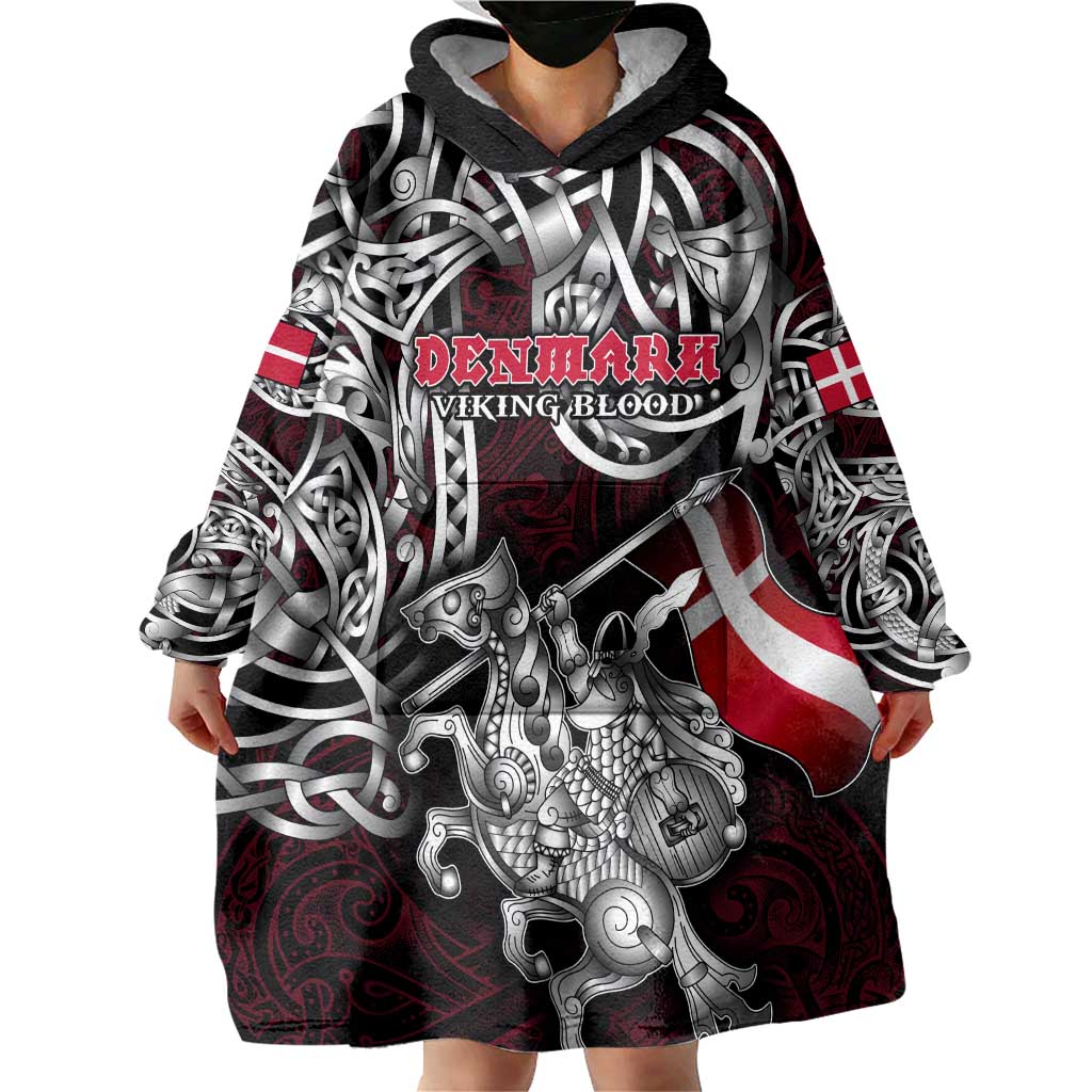 Personalized Denmark Viking Blood Wearable Blanket Hoodie Nordic Runes and Shield of Ancestry in Tribal Knotwork