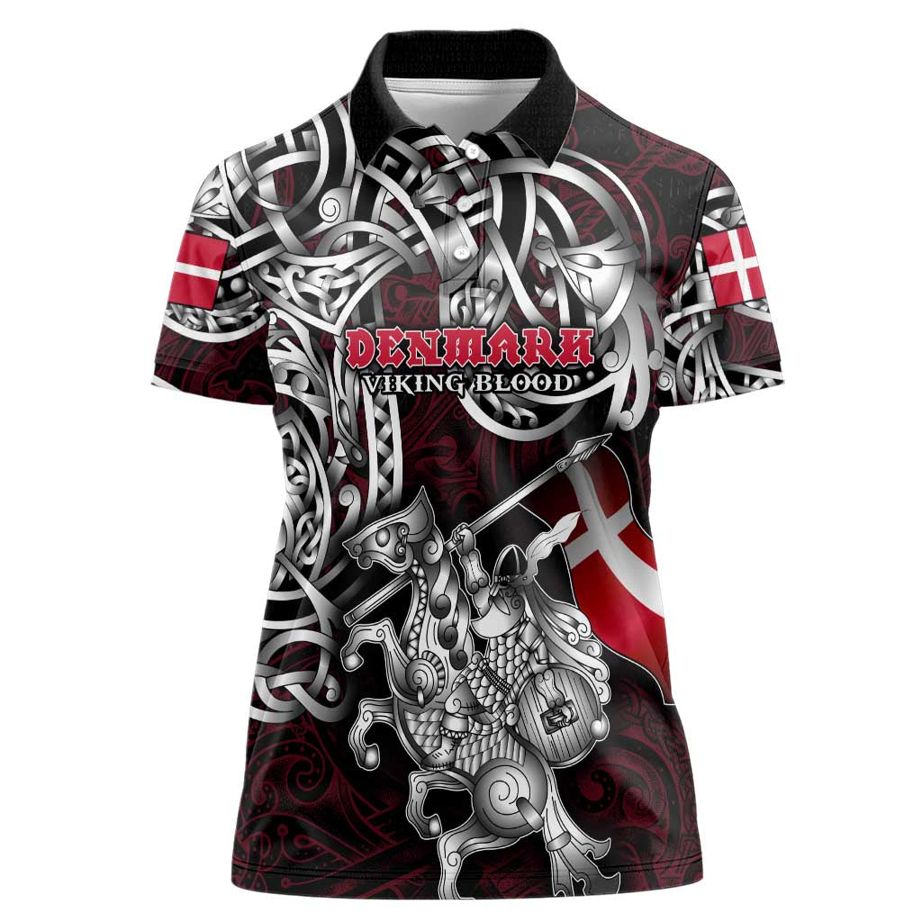 Personalized Denmark Viking Blood Women Polo Shirt Nordic Runes and Shield of Ancestry in Tribal Knotwork