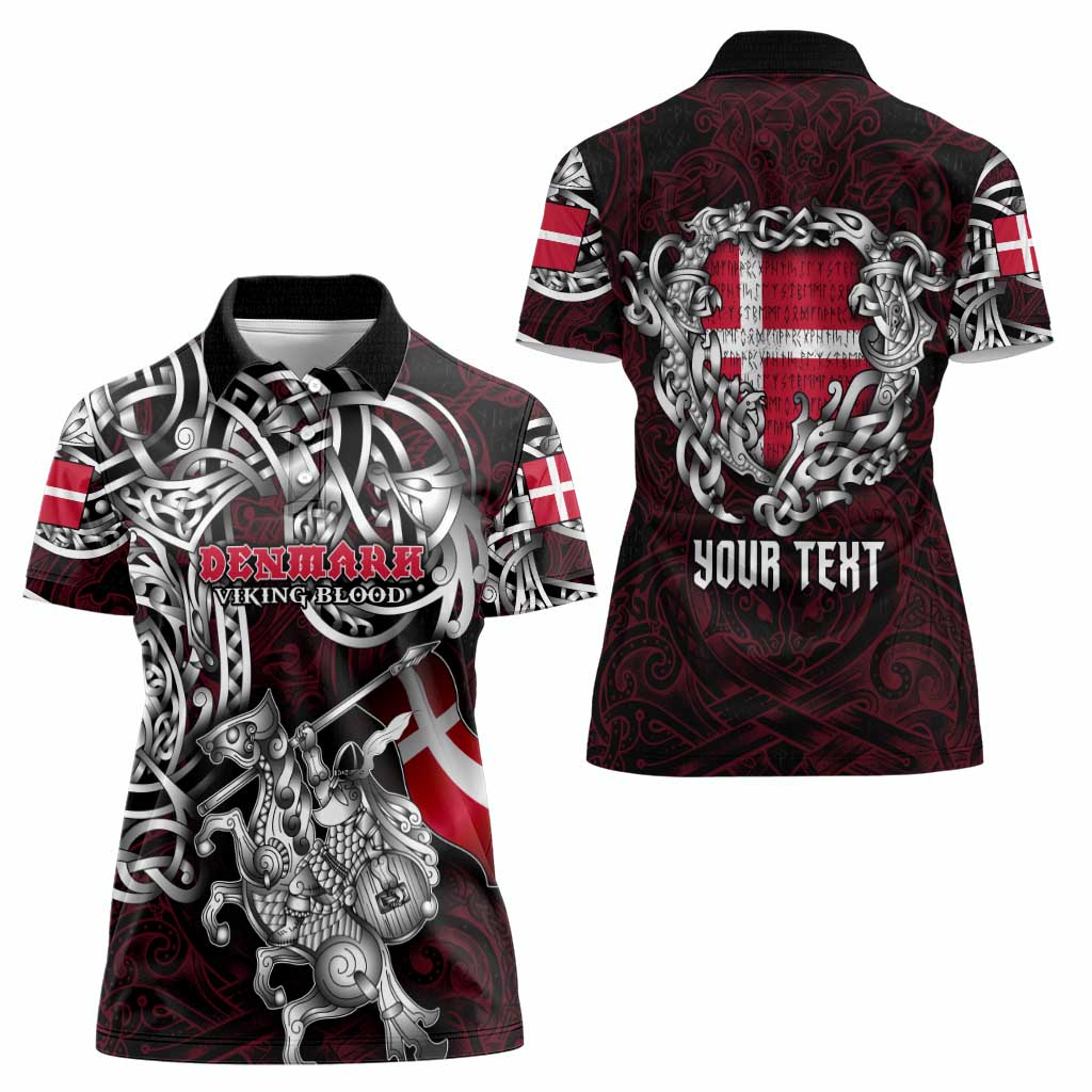 Personalized Denmark Viking Blood Women Polo Shirt Nordic Runes and Shield of Ancestry in Tribal Knotwork
