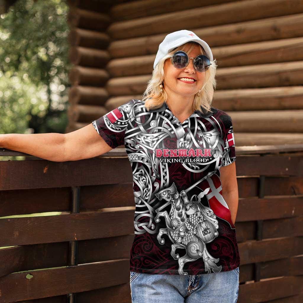 Personalized Denmark Viking Blood Women Polo Shirt Nordic Runes and Shield of Ancestry in Tribal Knotwork