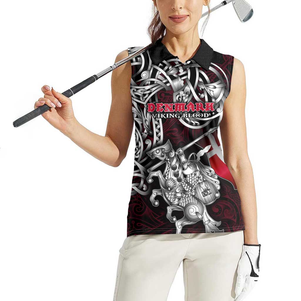 Personalized Denmark Viking Blood Women Sleeveless Polo Shirt Nordic Runes and Shield of Ancestry in Tribal Knotwork
