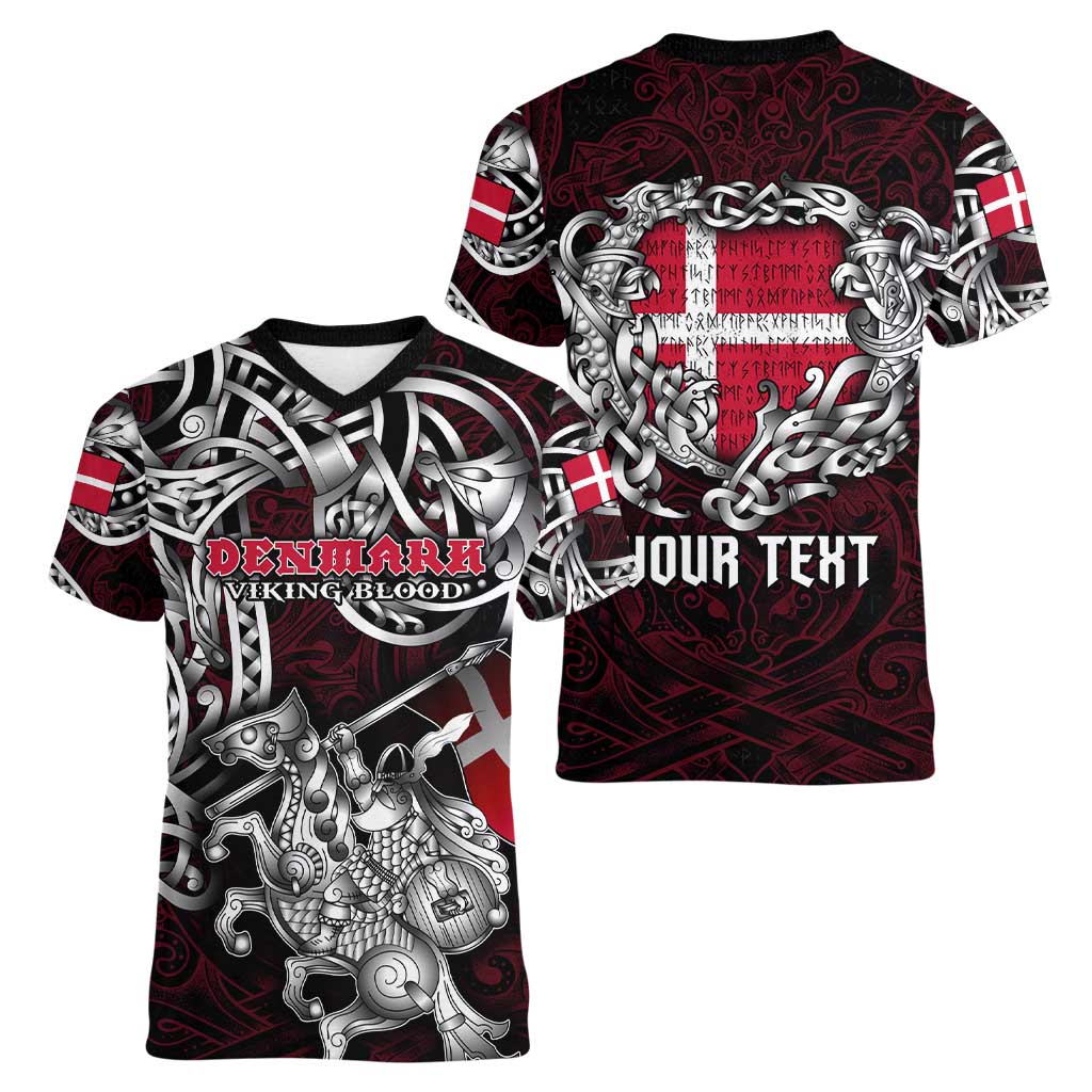 Personalized Denmark Viking Blood Women V-Neck T-Shirt Nordic Runes and Shield of Ancestry in Tribal Knotwork