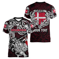 Personalized Denmark Viking Blood Women V-Neck T-Shirt Nordic Runes and Shield of Ancestry in Tribal Knotwork