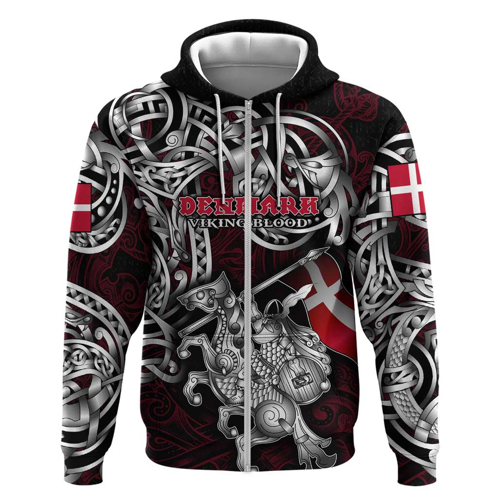 Personalized Denmark Viking Blood Zip Hoodie Nordic Runes and Shield of Ancestry in Tribal Knotwork