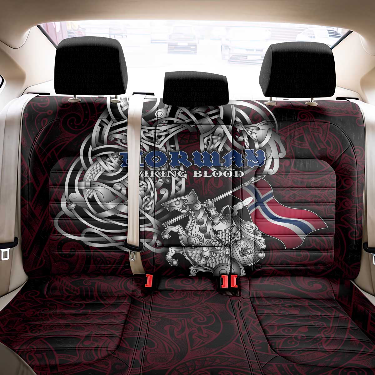 Norway Viking Blood Back Car Seat Cover Nordic Runes and Shield of Ancestry in Tribal Knotwork