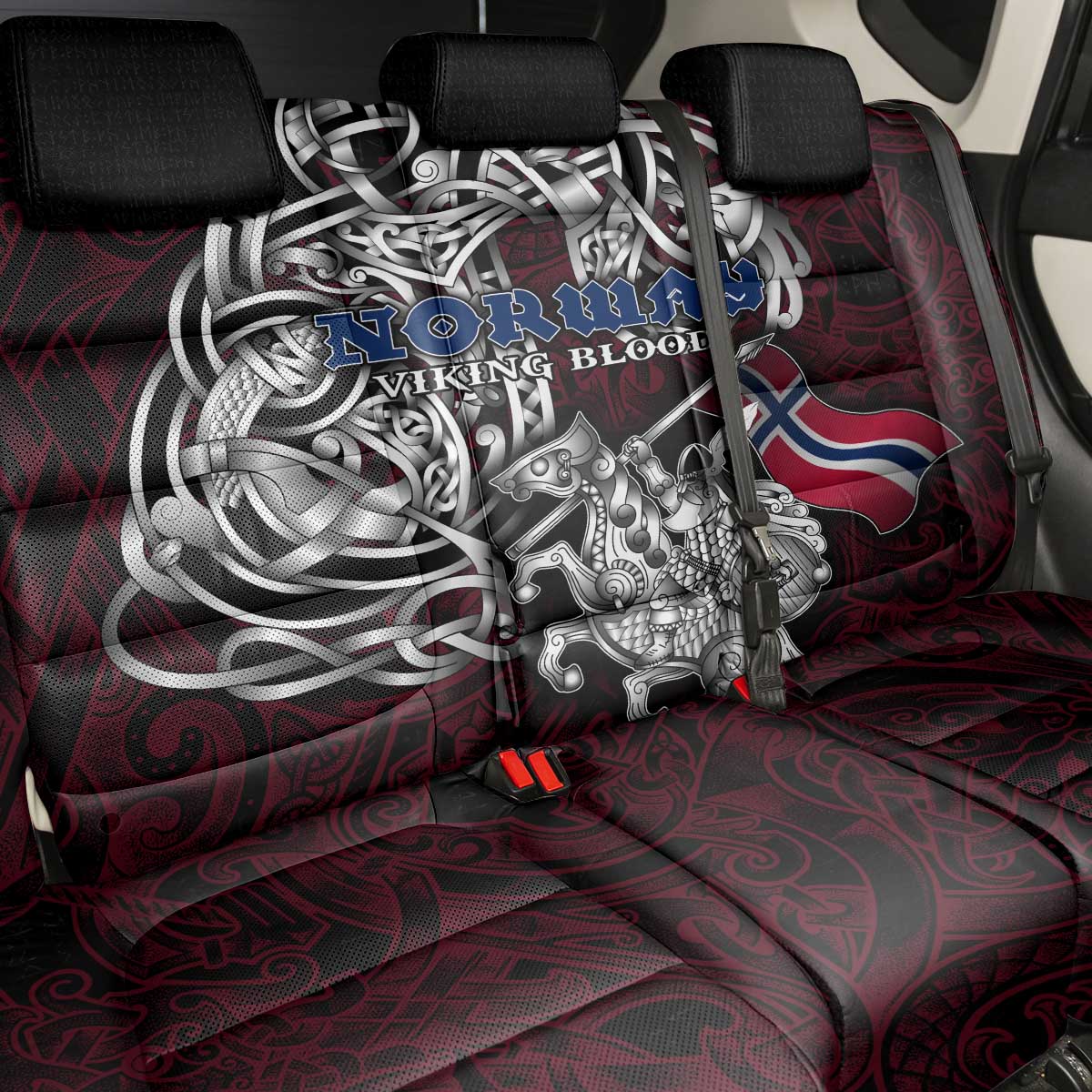 Norway Viking Blood Back Car Seat Cover Nordic Runes and Shield of Ancestry in Tribal Knotwork