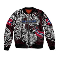 Personalized Norway Viking Blood Bomber Jacket Nordic Runes and Shield of Ancestry in Tribal Knotwork