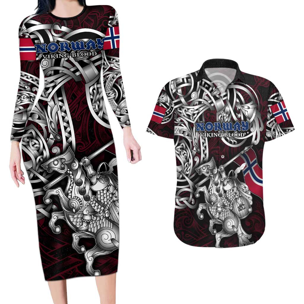 Personalized Norway Viking Blood Couples Matching Long Sleeve Bodycon Dress and Hawaiian Shirt Nordic Runes and Shield of Ancestry in Tribal Knotwork