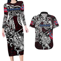 Personalized Norway Viking Blood Couples Matching Long Sleeve Bodycon Dress and Hawaiian Shirt Nordic Runes and Shield of Ancestry in Tribal Knotwork