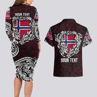 Personalized Norway Viking Blood Couples Matching Long Sleeve Bodycon Dress and Hawaiian Shirt Nordic Runes and Shield of Ancestry in Tribal Knotwork