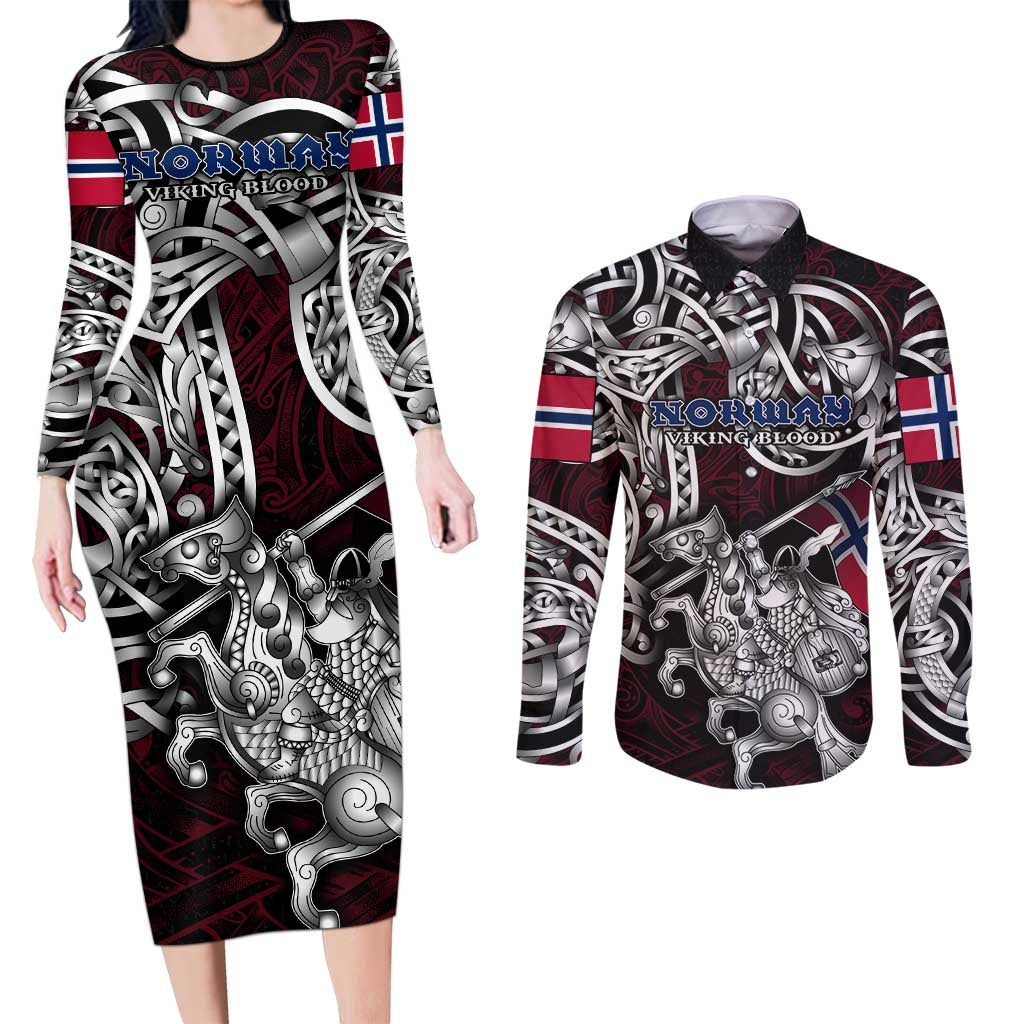 Personalized Norway Viking Blood Couples Matching Long Sleeve Bodycon Dress and Long Sleeve Button Shirt Nordic Runes and Shield of Ancestry in Tribal Knotwork