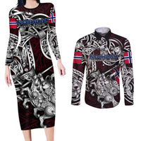 Personalized Norway Viking Blood Couples Matching Long Sleeve Bodycon Dress and Long Sleeve Button Shirt Nordic Runes and Shield of Ancestry in Tribal Knotwork