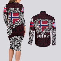 Personalized Norway Viking Blood Couples Matching Long Sleeve Bodycon Dress and Long Sleeve Button Shirt Nordic Runes and Shield of Ancestry in Tribal Knotwork