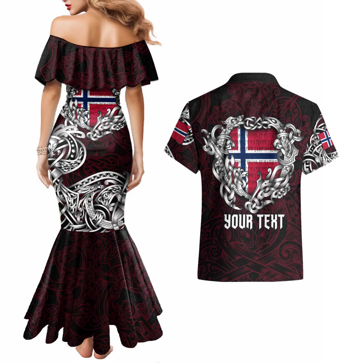 Personalized Norway Viking Blood Couples Matching Mermaid Dress and Hawaiian Shirt Nordic Runes and Shield of Ancestry in Tribal Knotwork