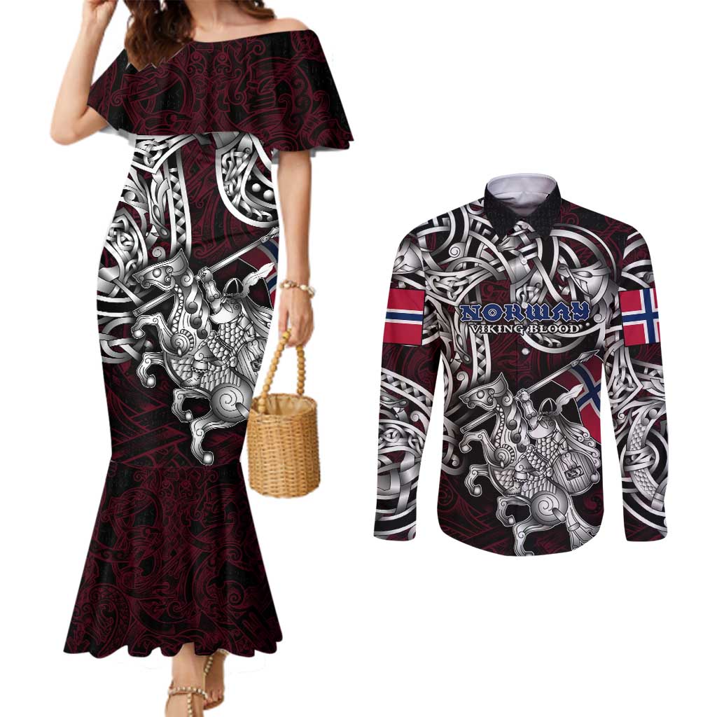 Personalized Norway Viking Blood Couples Matching Mermaid Dress and Long Sleeve Button Shirt Nordic Runes and Shield of Ancestry in Tribal Knotwork