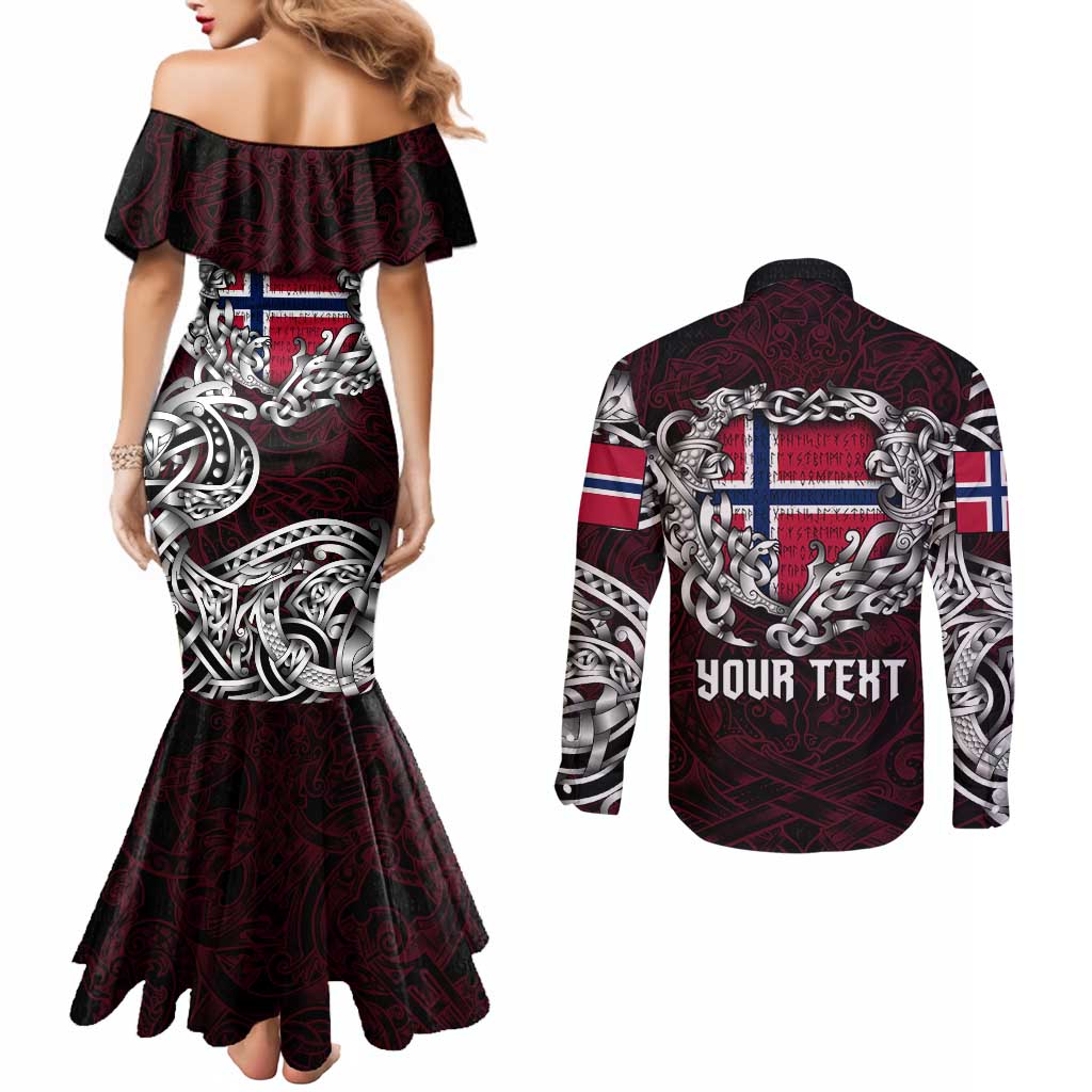 Personalized Norway Viking Blood Couples Matching Mermaid Dress and Long Sleeve Button Shirt Nordic Runes and Shield of Ancestry in Tribal Knotwork