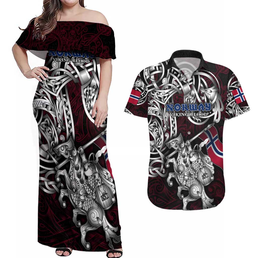 Personalized Norway Viking Blood Couples Matching Off Shoulder Maxi Dress and Hawaiian Shirt Nordic Runes and Shield of Ancestry in Tribal Knotwork