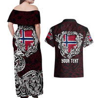 Personalized Norway Viking Blood Couples Matching Off Shoulder Maxi Dress and Hawaiian Shirt Nordic Runes and Shield of Ancestry in Tribal Knotwork