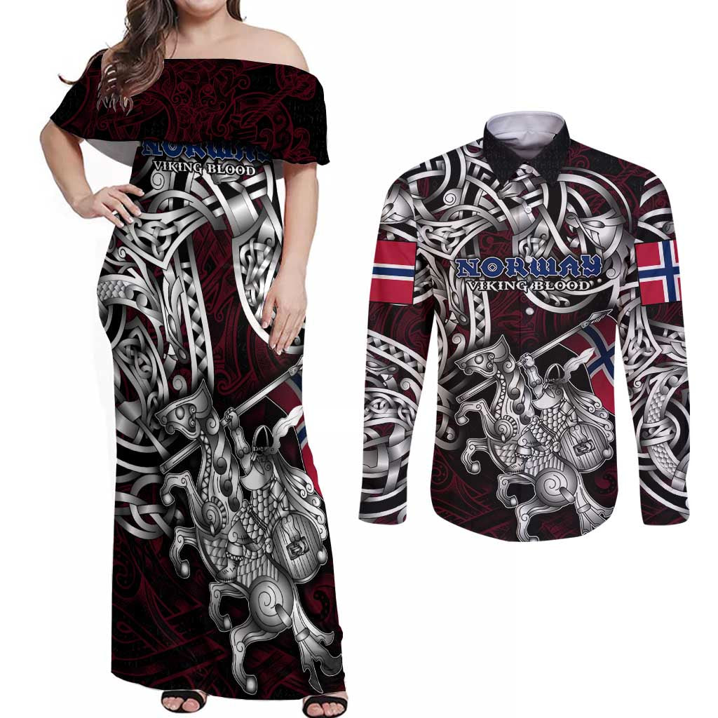 Personalized Norway Viking Blood Couples Matching Off Shoulder Maxi Dress and Long Sleeve Button Shirt Nordic Runes and Shield of Ancestry in Tribal Knotwork