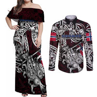 Personalized Norway Viking Blood Couples Matching Off Shoulder Maxi Dress and Long Sleeve Button Shirt Nordic Runes and Shield of Ancestry in Tribal Knotwork