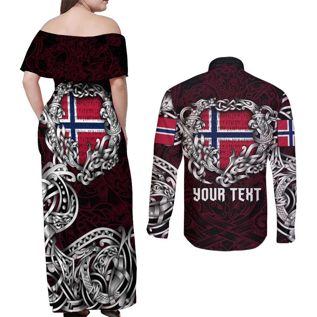 Personalized Norway Viking Blood Couples Matching Off Shoulder Maxi Dress and Long Sleeve Button Shirt Nordic Runes and Shield of Ancestry in Tribal Knotwork