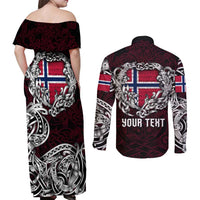 Personalized Norway Viking Blood Couples Matching Off Shoulder Maxi Dress and Long Sleeve Button Shirt Nordic Runes and Shield of Ancestry in Tribal Knotwork