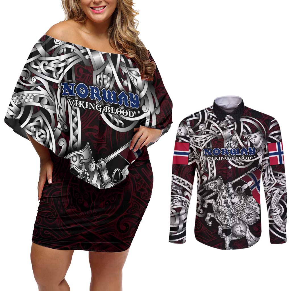 Personalized Norway Viking Blood Couples Matching Off Shoulder Short Dress and Long Sleeve Button Shirt Nordic Runes and Shield of Ancestry in Tribal Knotwork
