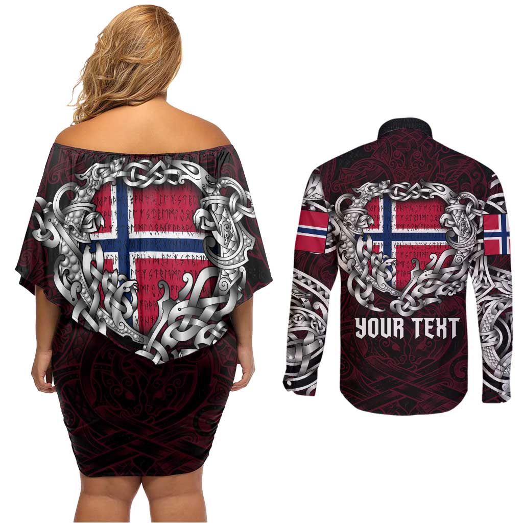 Personalized Norway Viking Blood Couples Matching Off Shoulder Short Dress and Long Sleeve Button Shirt Nordic Runes and Shield of Ancestry in Tribal Knotwork