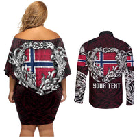 Personalized Norway Viking Blood Couples Matching Off Shoulder Short Dress and Long Sleeve Button Shirt Nordic Runes and Shield of Ancestry in Tribal Knotwork