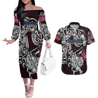 Personalized Norway Viking Blood Couples Matching Off The Shoulder Long Sleeve Dress and Hawaiian Shirt Nordic Runes and Shield of Ancestry in Tribal Knotwork