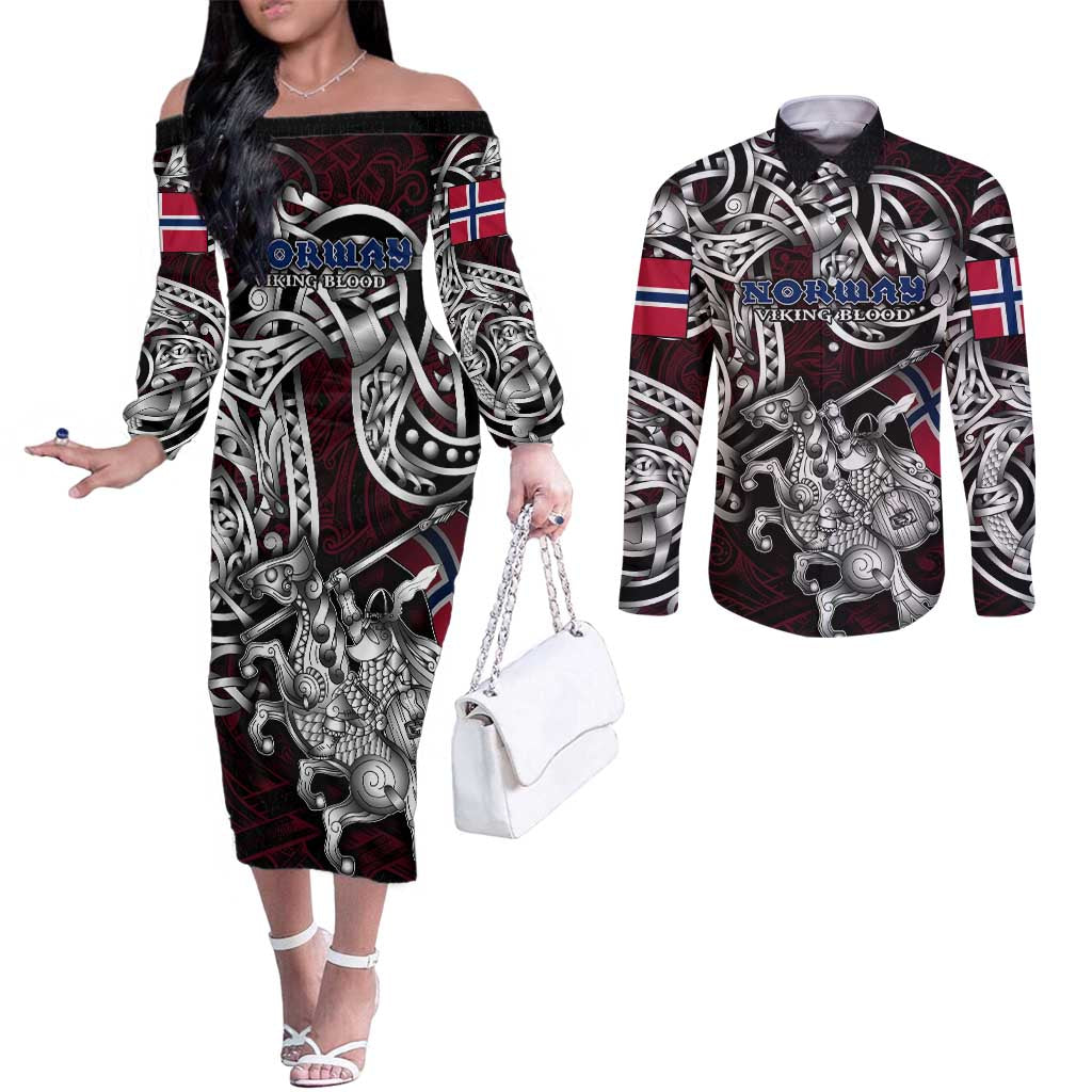 Personalized Norway Viking Blood Couples Matching Off The Shoulder Long Sleeve Dress and Long Sleeve Button Shirt Nordic Runes and Shield of Ancestry in Tribal Knotwork