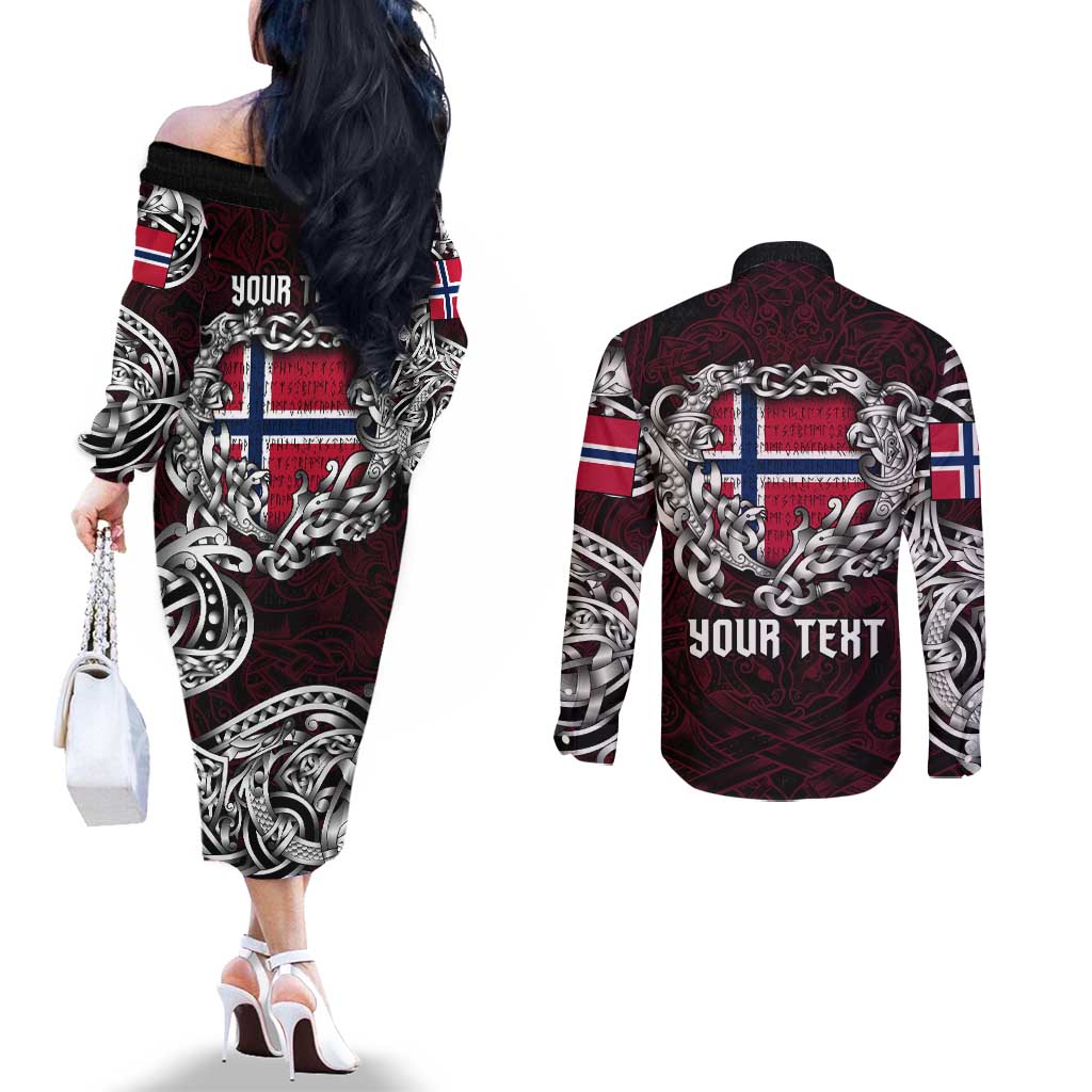 Personalized Norway Viking Blood Couples Matching Off The Shoulder Long Sleeve Dress and Long Sleeve Button Shirt Nordic Runes and Shield of Ancestry in Tribal Knotwork